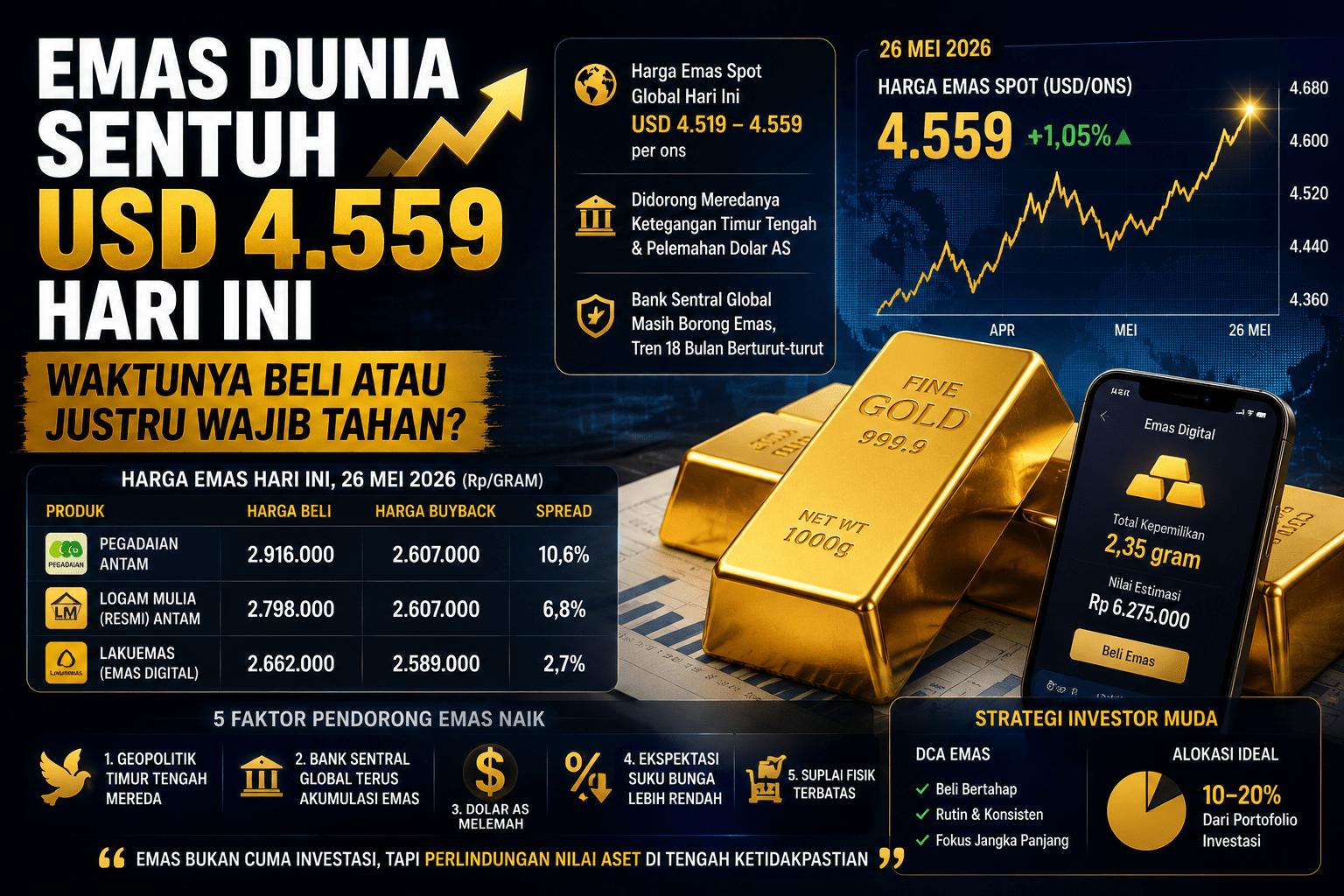Emas Dunia Sentuh USD 4559 Hari Ini, Waktunya Beli atau Justru Wajib Tahan