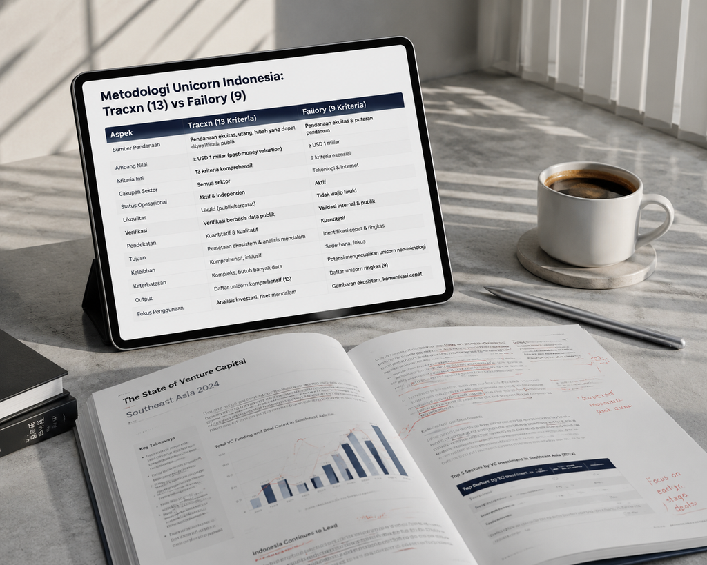 Stagnan, Tiga Tahun RI Tanpa Unicorn Startup Baru Sejak 2023 2 Tablet menampilkan infografik perbandingan data unicorn Indonesia versi Tracxn dan Failory di meja analis investasi.