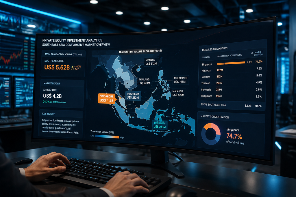 Stagnan, Tiga Tahun RI Tanpa Unicorn Startup Baru Sejak 2023 4 Monitor data pasar modal ventura menampilkan perbandingan volume pendanaan startup Indonesia dan Singapura tahun 2025-2026.