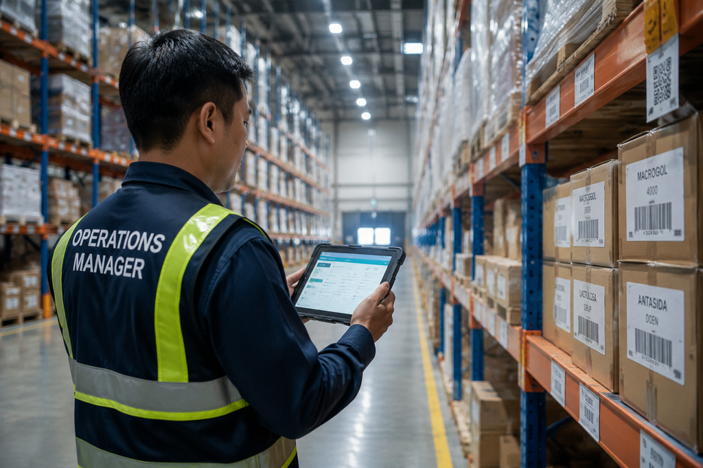 Stagnan, Tiga Tahun RI Tanpa Unicorn Startup Baru Sejak 2023 6 Manajer operasional memeriksa inventaris gudang logistik B2B menggunakan tablet mencerminkan model bisnis calon soonicorn.