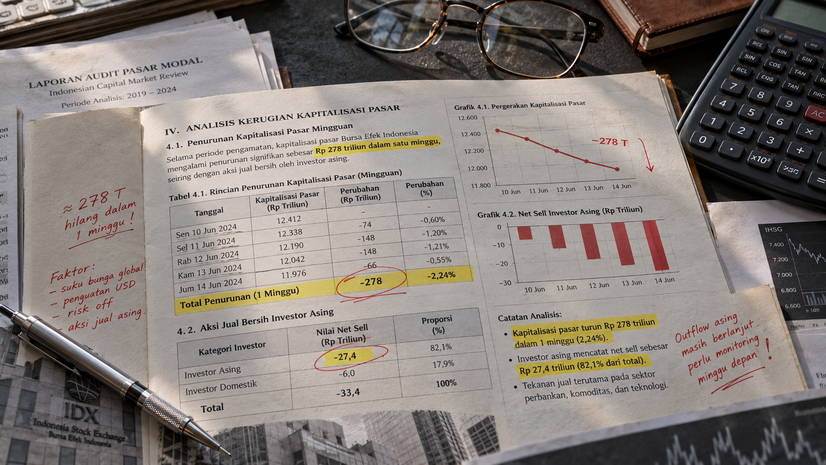 Lembar audit cetak data statistik perdagangan mingguan BEI dan pasar valuta asing di atas meja kerja redaksi finansial.
