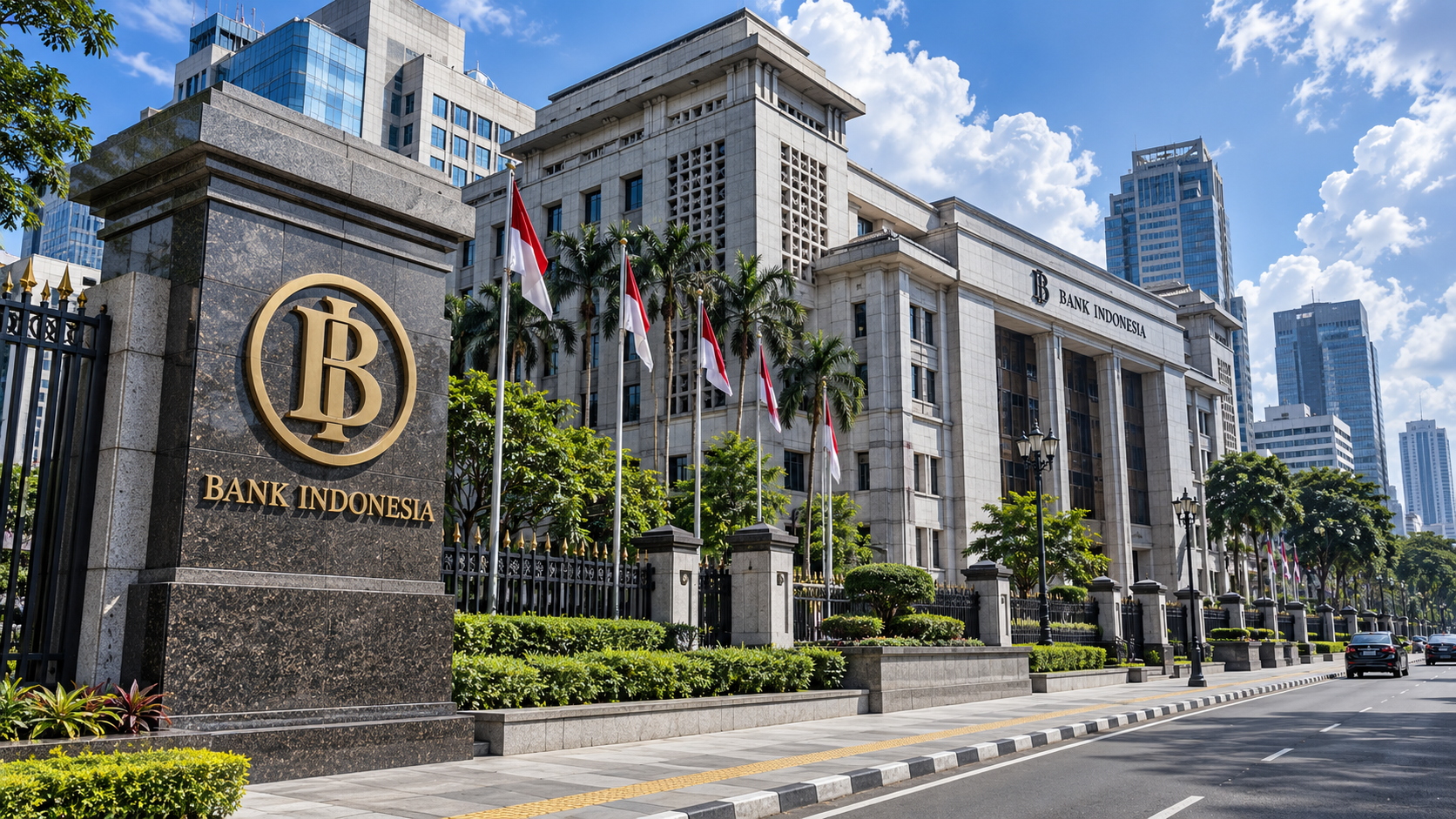 Fasad Gedung Bank Indonesia Thamrin Jakarta sebagai pusat kebijakan moneter dan intervensi valuta asing DNDF.