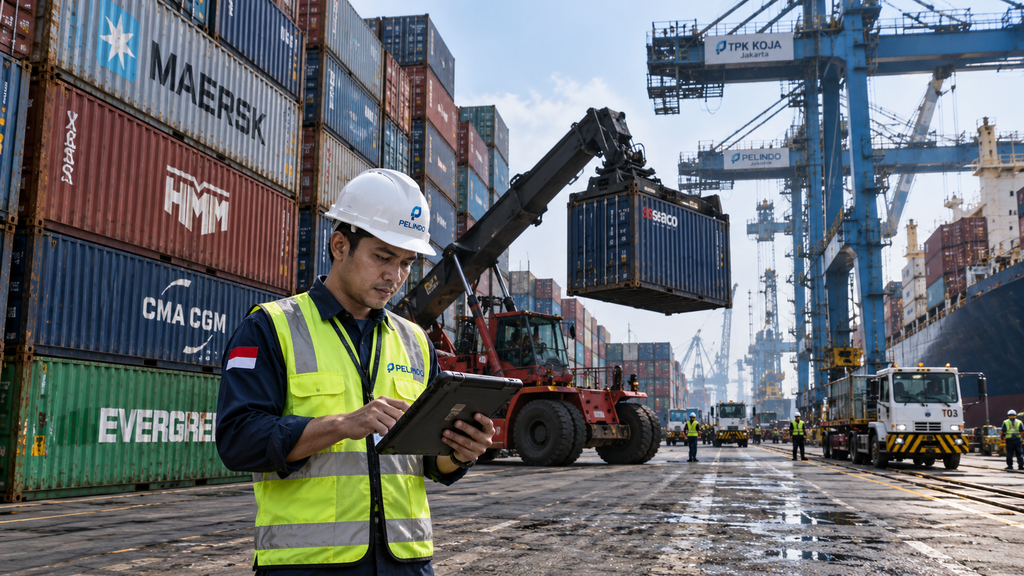 Tumpukan peti kemas kargo impor di pelabuhan peti kemas dengan forklift memuat bahan baku industri manufaktur.