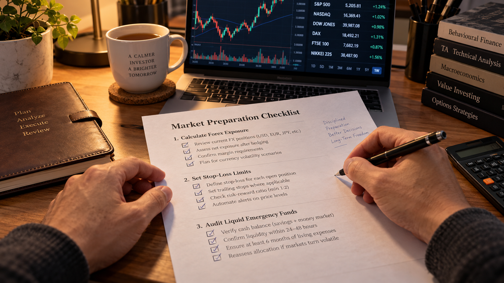 Seorang analis portofolio mandiri memeriksa checklist strategi perdagangan sebelum pembukaan bursa hari Senin.
