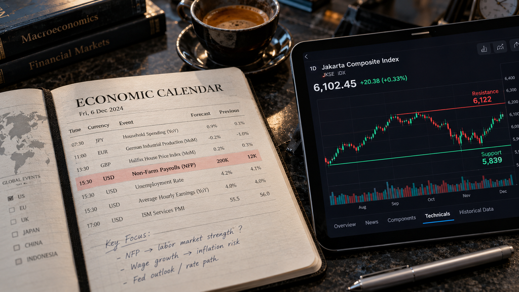 Lembar kalender rilis data ekonomi AS Non-Farm Payrolls bersanding dengan grafik garis support teknikal IHSG 5.839.