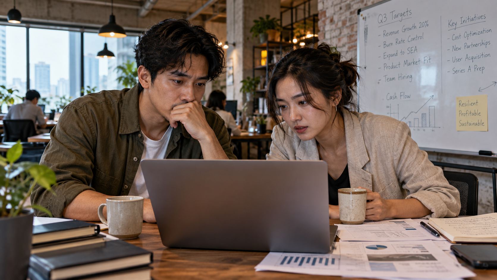 Dua pengusaha muda berdiskusi serius meninjau arus kas dan lonjakan biaya bahan baku impor di ruang kerja co-working space.